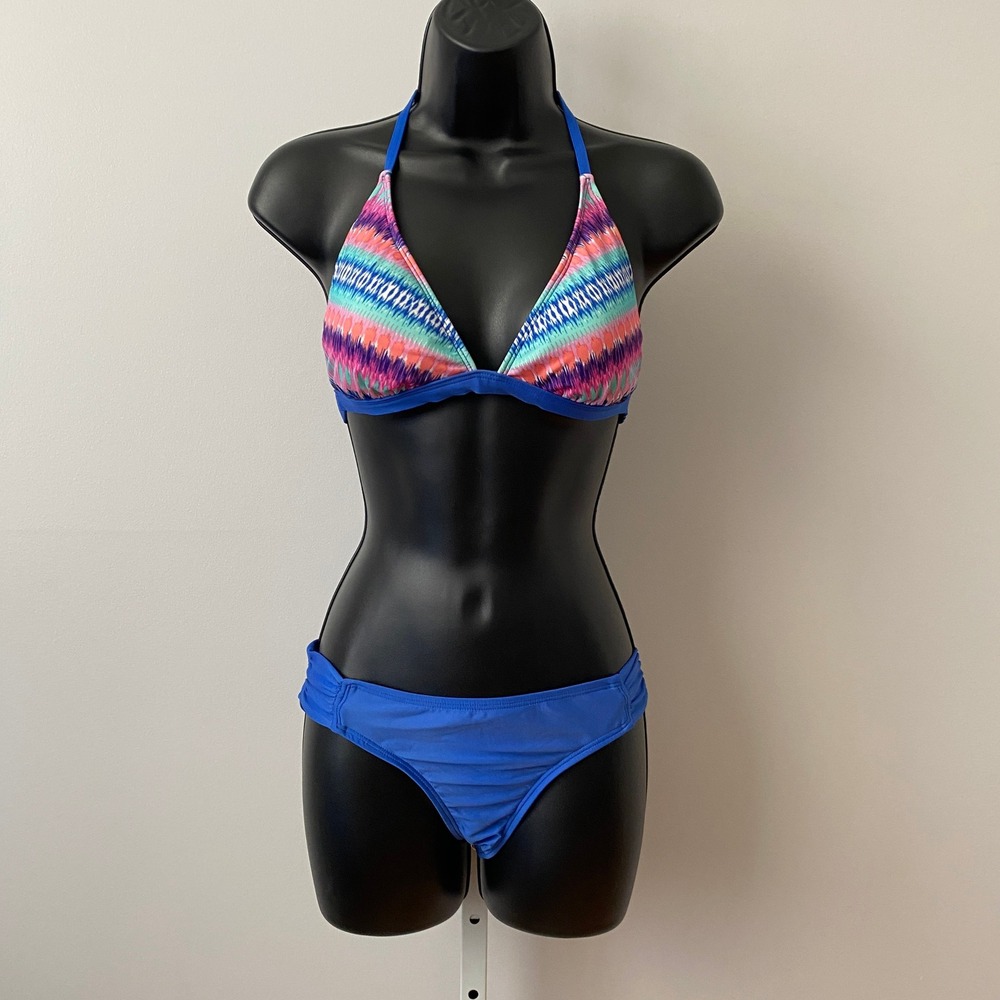 Ella Moss Small Blue Bikini Set Geometric Halter Racerback Crochet Swimsuit